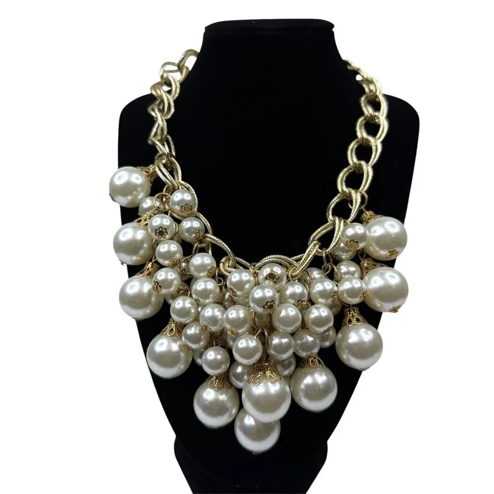 Chunky Gold Tone Chain Faux Pearl Bib Statement Necklace Fashion Jewelry 17